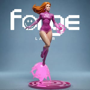 May include: A collectible figurine of a character with long orange hair, wearing a magenta bodysuit and matching boots. The figure is posed in mid-air above a pink circular base with a translucent pink energy effect. The background features the text FORGE.