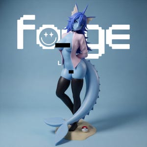May include: A blue-skinned humanoid figure with a long tail, wearing a light pink jacket and black thigh-high stockings, standing on a sandy base with a small red and white ball. The word Forge is displayed in white pixelated text behind the figure.
