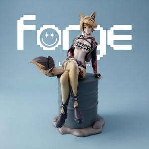 May include: A collectible anime-style figurine of a fox-eared character with short blonde hair, wearing a dark jacket and boots, sitting on a grey barrel. The character has a black bar with the text CENSORED across the chest. The word Forge is visible.