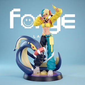 May include: A collectible anime-style figurine featuring a character with blonde and blue hair, wearing a yellow cropped top and split-color black and teal pants. The character stands beside a large, dark blue eel-like creature with white fangs. The background displays the text Forge.