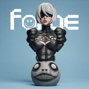 May include: A bust of a character with short white hair and a black blindfold, wearing a black outfit with puffed sleeves. Below the figure is a round, pale, textured creature head with large eyes and a wide, toothy grin. The text "FADE" with a smiley face is visible.