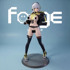 May include: A collectible anime-style figurine featuring a character with short silver hair, yellow eyes, and headphones. The figure wears a yellow top, black jacket, and black thigh-high stockings with yellow accents. The text Forge is visible behind.