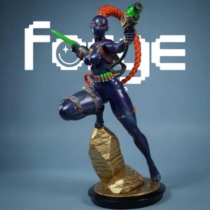 May include: A dark blue action figure with a long orange braided ponytail, wearing a mask and tactical gear. The figure holds a green energy sword and a futuristic blaster, standing on a gold-colored rock base with the text Forge in the background.