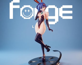 May include: A collectible anime-style figurine of a character with short blue hair and bunny ears, wearing a dark purple leotard, gloves, and high heels. The figure stands on a circular film reel base against a blue background with the text Forge.