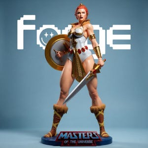 以下が含まれることがあります： 赤い髪の戦士のコレクターズフィギュア。金色のアクセント、赤い宝石、茶色のファー付きブーツをあしらった白いボディスーツを着用。金色の盾と銀色の剣を持ち、MASTERS OF THE UNIVERSEと刻まれた台座の上に立っている。