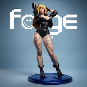 May include: A collectible figurine of a blonde character wearing a black leather jacket, a black bodysuit, and fishnet stockings, paired with black combat boots. The figure stands on a circular blue base with the text Forge printed in white behind.