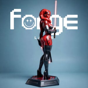 May include: A red-skinned humanoid figurine with black markings, wearing black thigh-high boots and silver arm guards. The figure holds a glowing red lightsaber in each hand and stands on a hexagonal base. The background features the white text Forge.