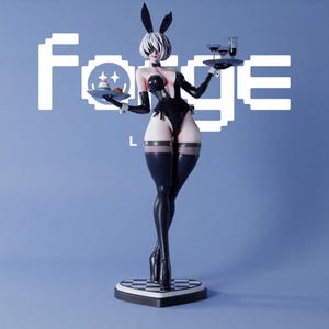 May include: A collectible figurine of a character with short white hair and black bunny ears, wearing a black leotard, gloves, and thigh-high stockings. The figure holds two trays with small food and drink items, standing on a heart-shaped base.