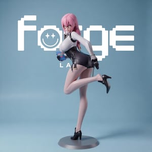 May include: A collectible figurine of a character with pink hair and glasses, wearing a white long-sleeved top, black shorts, and black high-heeled shoes. The figure holds a small blue controller. The text "Forge" with a smiley face is visible.