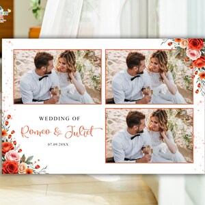 May include: A rectangular wedding photo collage print featuring three identical images of a couple in white attire, with the text "WEDDING OF Romeo & Juliet" and "07.09.20XX" in black and orange, decorated with red and pink rose floral illustrations.