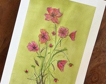 Original Art | Wild Cosmos | Small Abstract Watercolour | Frame not included