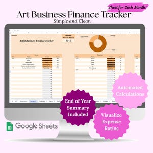 May include: A computer monitor displaying an Art Business Finance Tracker spreadsheet in Google Sheets. The interface features income and expense tables, a donut chart, and monthly tabs. Pink starbursts highlight automated calculations and summaries.