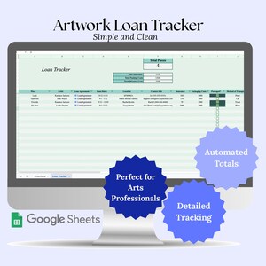 May include: A computer monitor displaying a Google Sheets Artwork Loan Tracker spreadsheet with columns for piece, artist, loan agreement, dates, location, contact info, insurance, packing costs, packaged status, and method of transport.