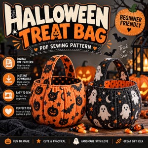 May include: A digital PDF sewing pattern for a Halloween treat bag. The image displays two fabric baskets: one orange with black cat and pumpkin prints, and one black with white ghost and star prints. Text includes "Halloween Treat Bag" and "Beginner Friendly".