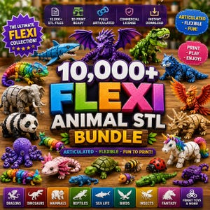 Könnte beinhalten: Eine digitale Sammlung von über 10.000 3D-druckbaren, beweglichen Flexi-Tiermodellen, darunter ein Drache, Hai, Dinosaurier, Elefant, Panda, Krake, Axolotl, Schildkröte, Biene, Marienkäfer, Einhorn sowie verschiedene Reptilien, Vögel und Meerestiere.