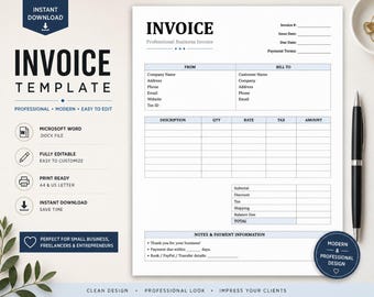 Editable Business Invoice Template | Professional Microsoft Word Google Docs (A4 US Letter)