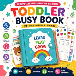 May include: A teal binder titled Learn Play Grow with a rainbow and cloud graphic. The cover features a snap closure. Surrounding the binder are educational activity cards showing shapes, color sorting, and number tracing for toddler learning.