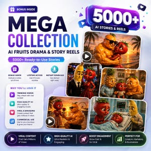 May include: A digital promotional graphic titled MEGA COLLECTION 5000+ AI STORIES & REELS. It features multiple inset images of anthropomorphic fruit characters in various dramatic scenes, including a muscular orange and strawberry on a beach.