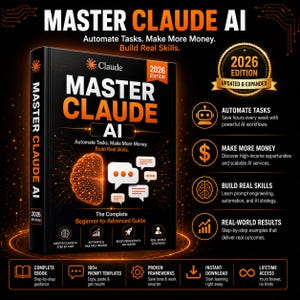May include: A black book titled Master Claude AI 2026 Edition with orange text and graphics. The cover features a brain icon, speech bubbles, and the subtitle The Complete Beginner-to-Advanced Guide. The design includes icons for automation, income, and productivity.