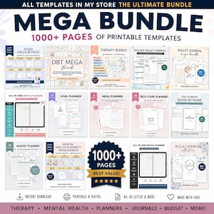 May include: A digital collection of printable templates titled Mega Bundle 1000+ Pages of Printable Templates. The image displays various planner covers and interior pages including ADHD, DBT, therapy, finance, bullet journal, goal, meal, self-care, home, budget, and mental health planners.