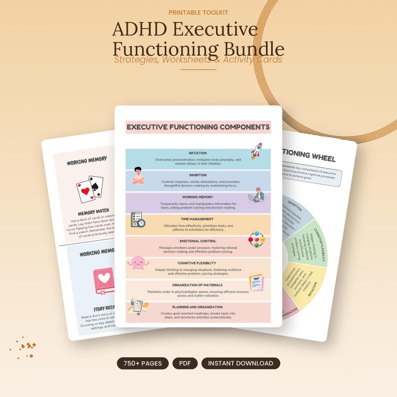 May include: A printable ADHD Executive Functioning Bundle toolkit featuring worksheets and activity cards. The pages display colorful charts, text, and illustrations detailing components like initiation, inhibition, working memory, and time management.