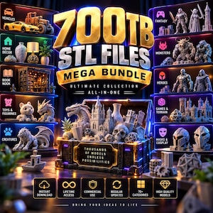 Può includere: Una collezione digitale intitolata 700TB STL FILES MEGA BUNDLE che mostra uno scrigno pieno di modelli stampabili in 3D. Gli scaffali mostrano categorie come veicoli, decorazioni per la casa, fantasy, mostri, eroi, giocattoli e maschere.