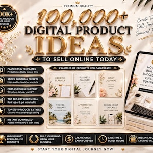May include: A digital marketing graphic featuring the text 100,000+ DIGITAL PRODUCT IDEAS TO SELL ONLINE TODAY. It includes a list of product categories, a tablet displaying a guide titled HOW TO BUILD A SUCCESSFUL ONLINE BUSINESS, and floral accents.