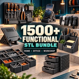 Könnte beinhalten: Eine Sammlung von 3D-gedruckten Organisationshilfen, darunter eine Lochwand mit Werkzeugen, ein Handyhalter, Kabelorganizer, ein Schreibtisch-Organizer, ein modulares Boxensystem und eine Schubladeneinheit. Text: 1500+ FUNCTIONAL STL BUNDLE.