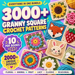 Może przedstawiać: Cyfrowa kolekcja ponad 3000 wzorów szydełkowych typu granny square w 10 książkach PDF, zawierająca ponad 2000 unikalnych projektów. Obraz przedstawia różne szydełkowane kwadraty, w tym słonecznik, różę, lisa, truskawkę, króliczka, pszczołę i motywy kwiatowe.