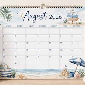 Editable August 2026 Calendar, PDF Editable, Summer Beach Printable Planner, Fillable Organizer for Home, School and Office
