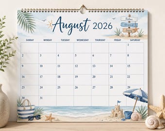 Bearbeitbarer Kalender für August 2026, PDF-Datei, Sommer-Strandplaner zum Ausdrucken, ausfüllbarer Organizer für Zuhause, Schule und Büro