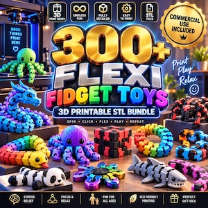 Könnte beinhalten: Eine digitale Sammlung von über 300 flexiblen Fidget-Spielzeugen als 3D-druckbares STL-Paket. Das Bild zeigt verschiedene bewegliche Kunststofffiguren, darunter einen grünen Oktopus, einen blauen Drachen, einen Panda, einen Hai sowie bunte Formen.