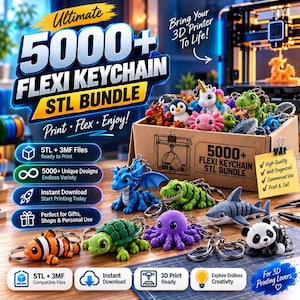 May include: A digital product bundle featuring 5000+ flexi keychain STL files. The image displays a cardboard box filled with various 3D printed articulated animal keychains, including a blue dragon, green turtle, purple octopus, and shark.