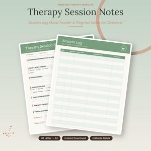 May include: A printable therapy template featuring two pages of therapy session notes. The documents include a session log with columns for date, session number, focus, progress notes, and next appointment, plus a form for clinical documentation.