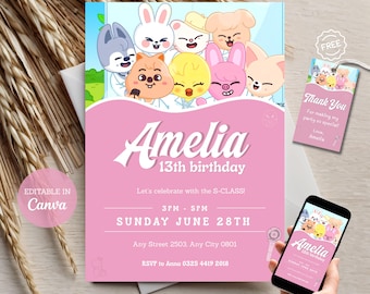 Stray Kids SKZOO Birthday Invitation, Editable Canva Template, Kpop Party Invite, Digital Download