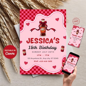 May include: A rectangular birthday invitation card with a red and pink checkered border and a central pink wavy shape. It features a Dr. Pepper bottle with a red bow, red hearts, and text reading JESSICA'S 18th Birthday, Sunday July 26th, 5PM-7PM.