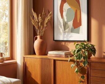 Abstract Face Print, Mid Century Cut Out Wall Art, Terracotta Sage, Instant Download