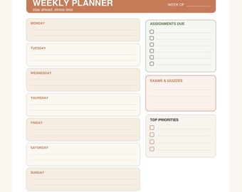 Student Weekly Planner Printable, Assignment & Exam Tracker, 7 Day Class Schedule, Instant Download