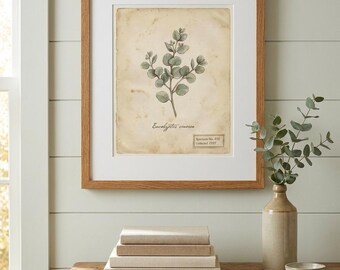 Eucalyptus Herbarium Print, Vintage Style Botanical Specimen Wall Art, Sage Green, Instant Download