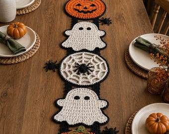 Patrón de camino de mesa de ganchillo para Halloween, decoración otoñal de calabazas, fantasmas y telarañas (descarga en PDF)