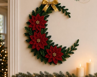 Crochet Poinsettia Crescent Wreath Pattern, Holiday Door Decor (PDF Download)