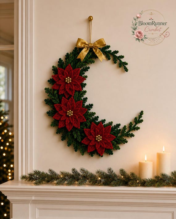 Crochet Poinsettia Crescent Wreath Pattern, Holiday Door Decor (PDF Download)