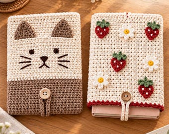 Paquete de fundas de ganchillo para libros: Funda para Kindle con gato y margarita de fresa (patrón en PDF)