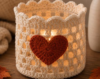 Patrón de funda para vela de ganchillo con forma de corazón, funda para tarro de cristal, decoración del hogar para principiantes (patrón en PDF)