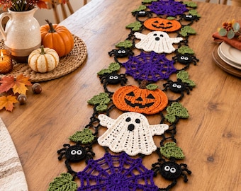 Patrón de camino de mesa de ganchillo para Halloween, decoración de telaraña con calabazas fantasma (PDF)