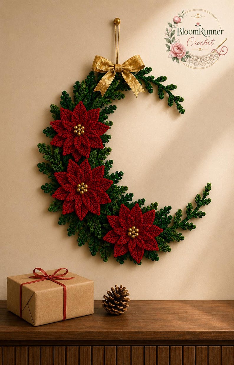 Puede incluir: Un adorno de pared en forma de media luna hecho de follaje verde tejido a ganchillo y tres flores de pascua rojas tejidas a ganchillo con cuentas doradas en el centro. Un lazo dorado corona la pieza y el logo BloomRunner Crochet es visible.