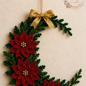 Patrón de corona de media luna con flor de Pascua a crochet, decoración navideña para la puerta (descarga en PDF) imagen 8