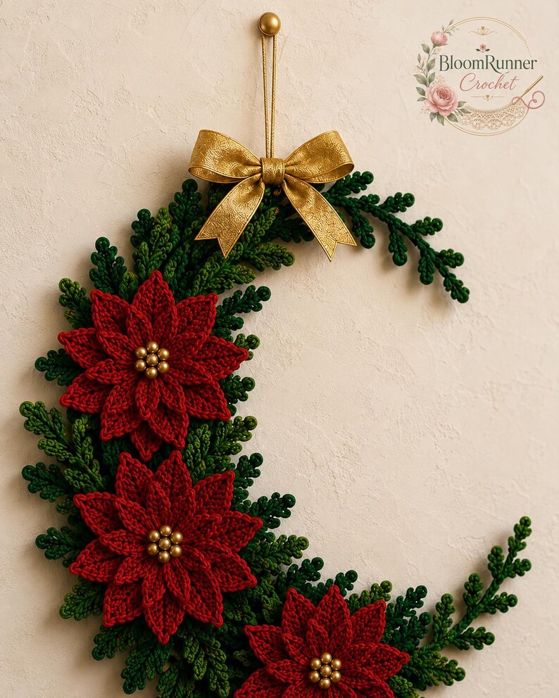 Patrón de corona de media luna con flor de Pascua a crochet, decoración navideña para la puerta (descarga en PDF) imagen 8
