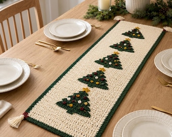 Patrón de camino de mesa navideño de ganchillo con forma de árbol, decoración festiva para las fiestas (descarga en PDF)