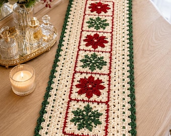 Patrón de camino de mesa de ganchillo, decoración navideña de copo de nieve y flor de Pascua (descarga en PDF)